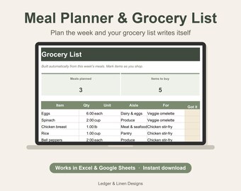 Meal Planner Spreadsheet with Automatic Grocery List | Weekly Meal Plan | Recipe Organizer | Meal Prep Planner