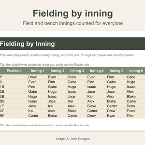 Youth Baseball Coach Planner Spreadsheet | Fielding Chart by Inning | Batting Order | Pitch Count Tracker | Roster image 3