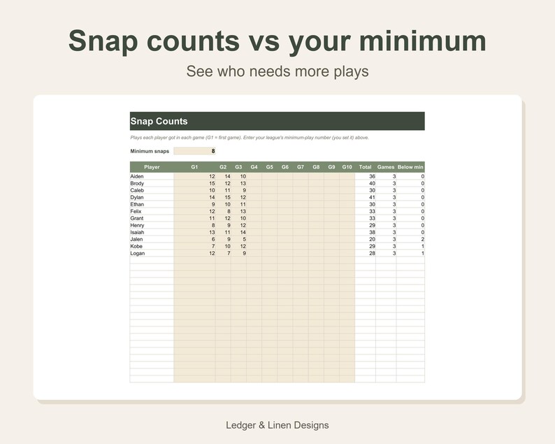 Youth Football Coach Planner Spreadsheet | Depth Chart Template | Snap Count Tracker | Team Roster for 30 Players image 4