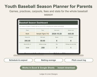 Youth Baseball Season Planner Spreadsheet | Baseball Mom Schedule | Batting Average and Pitch Count Tracker | Carpool