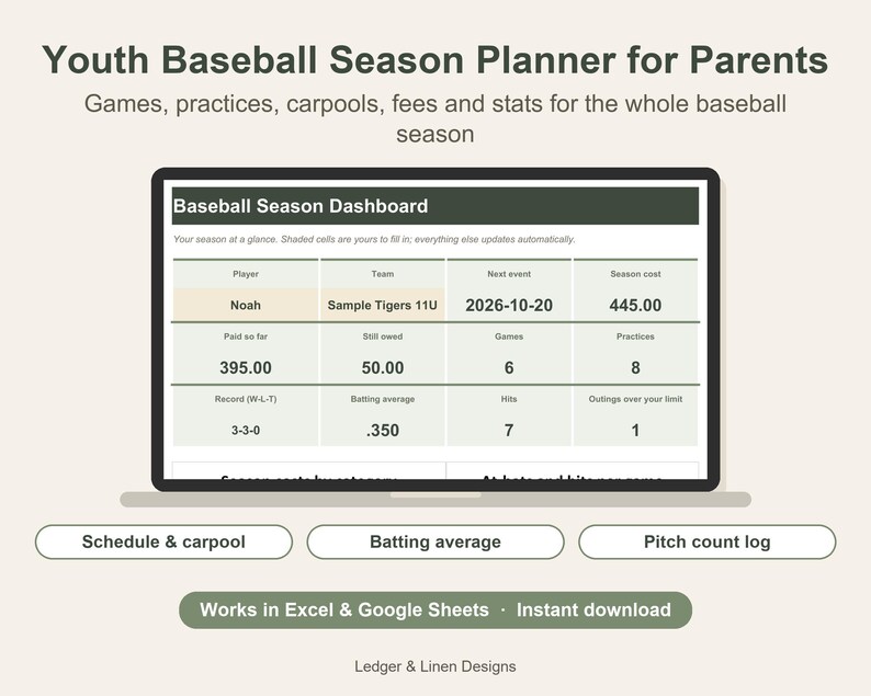 Youth Baseball Season Planner Spreadsheet | Baseball Mom Schedule | Batting Average and Pitch Count Tracker | Carpool image 1