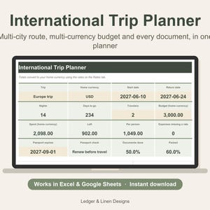 May include: A digital International Trip Planner spreadsheet displayed on a screen. The interface features tables for trip details, currency, dates, budget, and document tracking. Text includes International Trip Planner, Works in Excel & Google Sheets, and Ledger & Linen Designs.