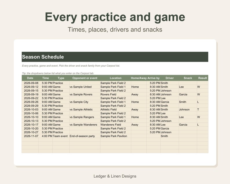 Youth Soccer Season Planner Spreadsheet | Soccer Mom Schedule | Carpool and Team Fees Tracker | Kids Sports Planner image 3
