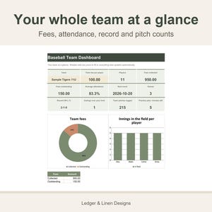 Youth Baseball Coach Planner Spreadsheet | Fielding Chart by Inning | Batting Order | Pitch Count Tracker | Roster image 2