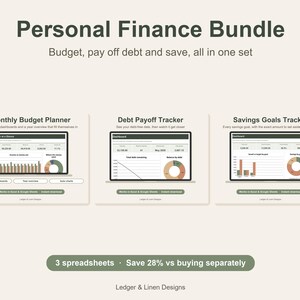 May include: A digital personal finance bundle featuring a monthly budget planner, debt payoff tracker, and savings goals tracker. Each spreadsheet includes charts and data fields with text labels for Excel and Google Sheets.