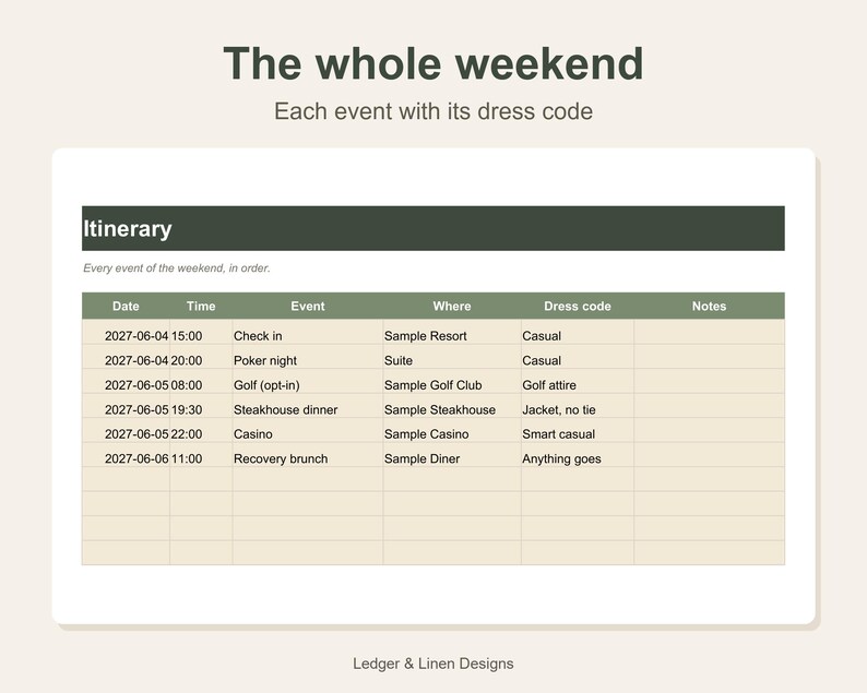 Bachelor Party Planner Spreadsheet | Bachelor Weekend Itinerary | Cost Splitter | Golf and Casino Trip | Groomsmen Planner image 5