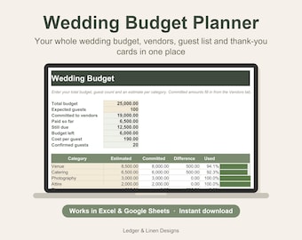Wedding Budget Planner Spreadsheet | Vendor Tracker, Guest List, RSVP (Digital Download)