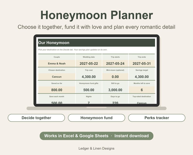 Wedding Planning Bundle | Wedding Budget Spreadsheet | Bachelorette Planner | Bachelor Party Planner | Honeymoon Planner image 5