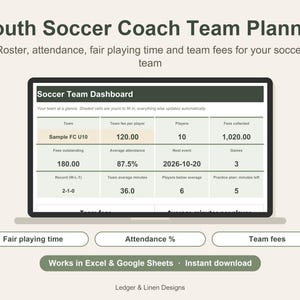 Youth Soccer Coach Planner Spreadsheet | Playing Time Tracker | Team Roster and Attendance | Soccer Lineup by Quarter