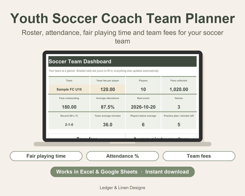 Youth Soccer Coach Planner Spreadsheet | Playing Time Tracker | Team Roster and Attendance | Soccer Lineup by Quarter image 1