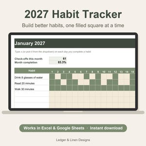 2027 Habit Tracker Spreadsheet | Daily Habit Tracker | Monthly Goal Tracker | Routine Tracker | New Year Goal Tracker