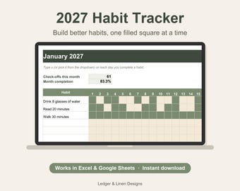 2027 Habit Tracker Spreadsheet | Daily Habit Tracker | Monthly Goal Tracker | Routine Tracker | New Year Goal Tracker