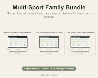 Sports Mom Planner Bundle | Soccer, Football, Baseball and Dance Season Planners | Kids Activity Spreadsheet Set