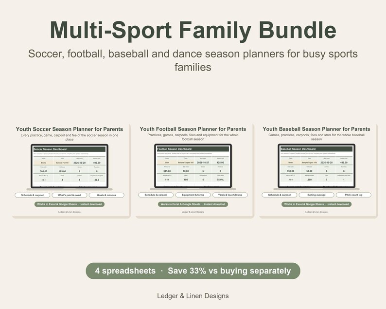 Sports Mom Planner Bundle | Soccer, Football, Baseball and Dance Season Planners | Kids Activity Spreadsheet Set image 1
