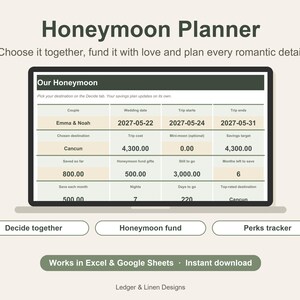 Honeymoon Planner Spreadsheet | Honeymoon Budget | Honeymoon Fund Tracker | Destination Comparison | Newlywed Travel Planner image 1