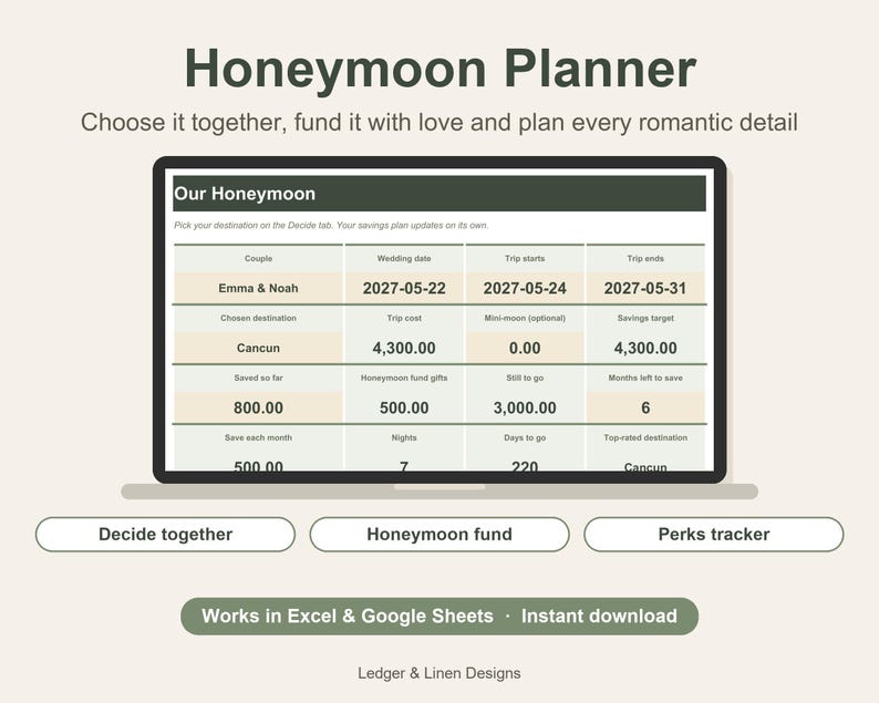 Honeymoon Planner Spreadsheet | Honeymoon Budget | Honeymoon Fund Tracker | Destination Comparison | Newlywed Travel Planner image 1