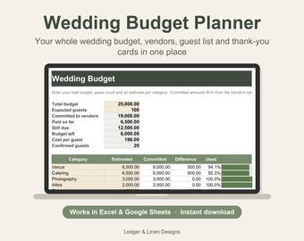 Wedding Budget Planner Spreadsheet | Vendor Tracker, Guest List, RSVP (Digital Download)