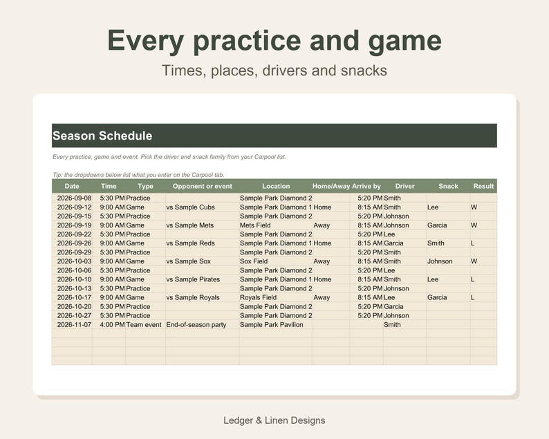 Youth Baseball Season Planner Spreadsheet | Baseball Mom Schedule | Batting Average and Pitch Count Tracker | Carpool image 3