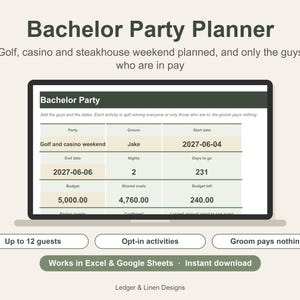Bachelor Party Planner Spreadsheet | Bachelor Weekend Itinerary | Cost Splitter | Golf and Casino Trip | Groomsmen Planner image 1