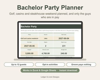 Bachelor Party Planner Spreadsheet | Bachelor Weekend Itinerary | Cost Splitter | Golf and Casino Trip | Groomsmen Planner