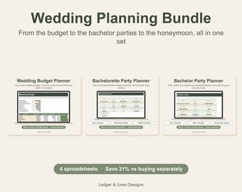 Wedding Planning Bundle | Wedding Budget Spreadsheet | Bachelorette Planner | Bachelor Party Planner | Honeymoon Planner