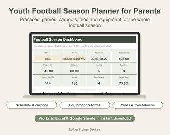 Youth Football Season Planner Spreadsheet | Football Mom Schedule | Carpool, Fees and Equipment Tracker | Kids Sports
