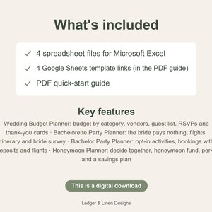Wedding Planning Bundle | Wedding Budget Spreadsheet | Bachelorette Planner | Bachelor Party Planner | Honeymoon Planner image 6