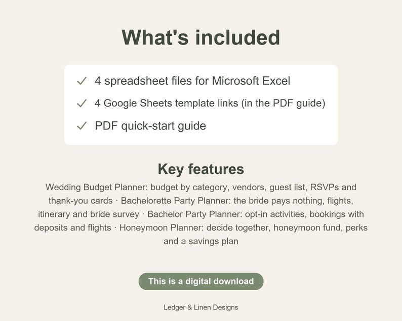Wedding Planning Bundle | Wedding Budget Spreadsheet | Bachelorette Planner | Bachelor Party Planner | Honeymoon Planner image 6