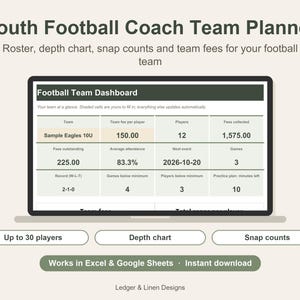 Youth Football Coach Planner Spreadsheet | Depth Chart Template | Snap Count Tracker | Team Roster for 30 Players