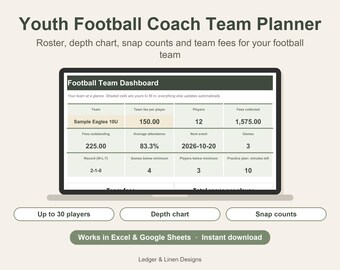 Youth Football Coach Planner Spreadsheet | Depth Chart Template | Snap Count Tracker | Team Roster for 30 Players