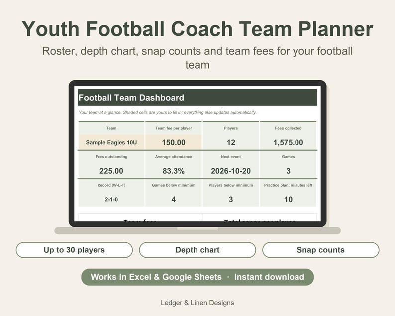 Youth Football Coach Planner Spreadsheet | Depth Chart Template | Snap Count Tracker | Team Roster for 30 Players image 1