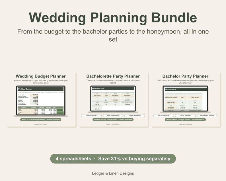 Wedding Planning Bundle | Wedding Budget Spreadsheet | Bachelorette Planner | Bachelor Party Planner | Honeymoon Planner image 1