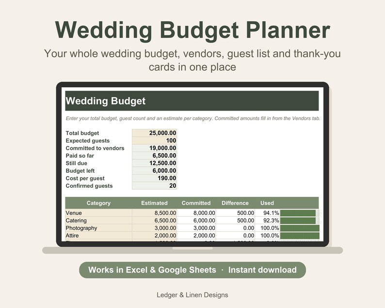 Wedding Planning Bundle | Wedding Budget Spreadsheet | Bachelorette Planner | Bachelor Party Planner | Honeymoon Planner image 2