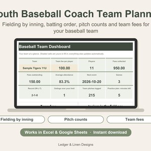Youth Baseball Coach Planner Spreadsheet | Fielding Chart by Inning | Batting Order | Pitch Count Tracker | Roster