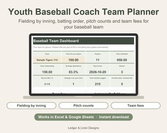 Youth Baseball Coach Planner Spreadsheet | Fielding Chart by Inning | Batting Order | Pitch Count Tracker | Roster