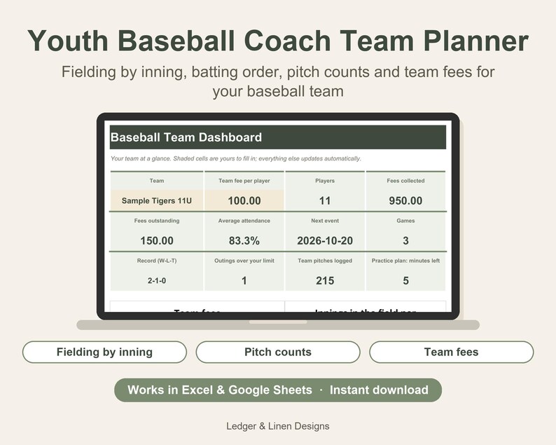 Youth Baseball Coach Planner Spreadsheet | Fielding Chart by Inning | Batting Order | Pitch Count Tracker | Roster image 1