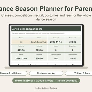 Dance Mom Planner Spreadsheet | Dance Season Schedule | Costume Tracker | Competition and Recital Planner | Tuition