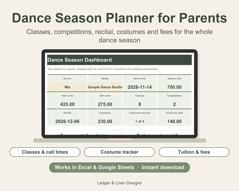 Dance Mom Planner Spreadsheet | Dance Season Schedule | Costume Tracker | Competition and Recital Planner | Tuition image 1