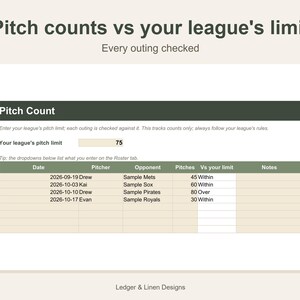 Youth Baseball Coach Planner Spreadsheet | Fielding Chart by Inning | Batting Order | Pitch Count Tracker | Roster image 4