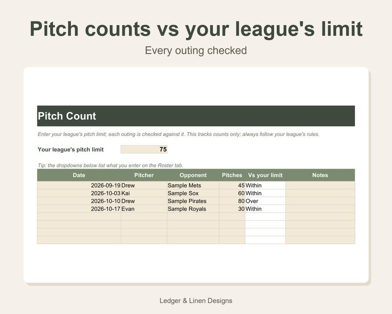 Youth Baseball Coach Planner Spreadsheet | Fielding Chart by Inning | Batting Order | Pitch Count Tracker | Roster image 4
