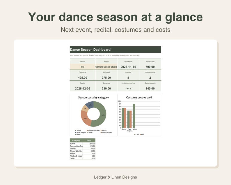 Dance Mom Planner Spreadsheet | Dance Season Schedule | Costume Tracker | Competition and Recital Planner | Tuition image 2