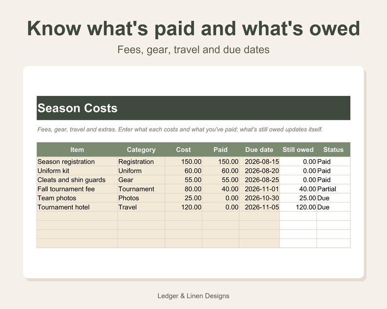 Youth Soccer Season Planner Spreadsheet | Soccer Mom Schedule | Carpool and Team Fees Tracker | Kids Sports Planner image 4