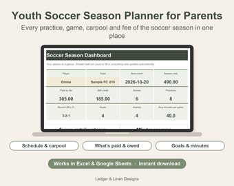 Youth Soccer Season Planner Spreadsheet | Soccer Mom Schedule | Carpool and Team Fees Tracker | Kids Sports Planner