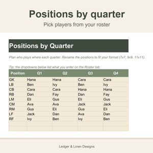 Youth Soccer Coach Planner Spreadsheet | Playing Time Tracker | Team Roster and Attendance | Soccer Lineup by Quarter image 4