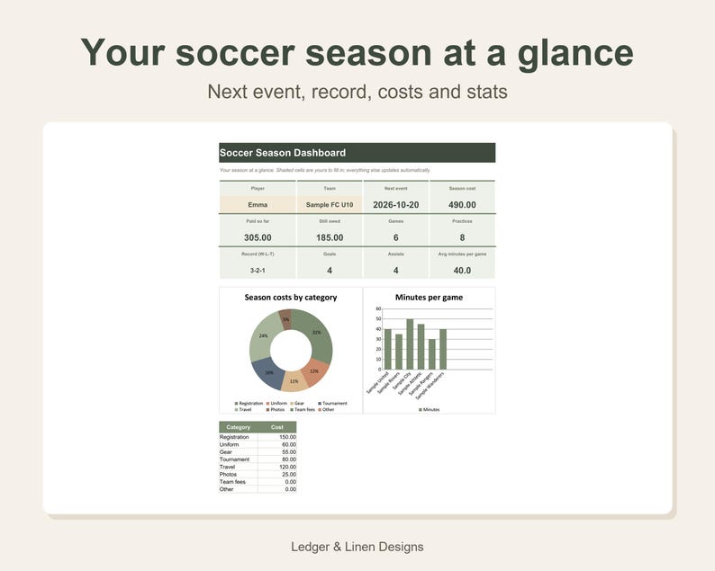Youth Soccer Season Planner Spreadsheet | Soccer Mom Schedule | Carpool and Team Fees Tracker | Kids Sports Planner image 2