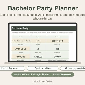 Bachelor Party Planner Spreadsheet | Bachelor Weekend Itinerary | Cost Splitter | Golf and Casino Trip | Groomsmen Planner