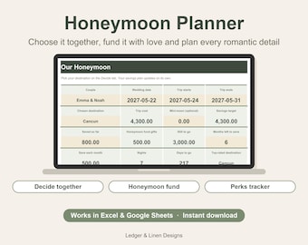Honeymoon Planner Spreadsheet | Honeymoon Budget | Honeymoon Fund Tracker | Destination Comparison | Newlywed Travel Planner