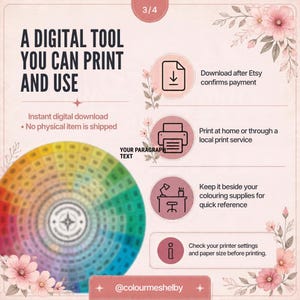 May include: A digital tool infographic with a circular color wheel, floral accents, and text including A DIGITAL TOOL YOU CAN PRINT AND USE, Download after Etsy confirms payment, Print at home, and Check your printer settings.