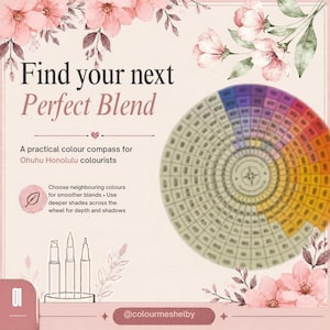 May include: A circular color compass chart for Ohuhu Honolulu markers featuring a gradient of color swatches, floral illustrations, and the text Find your next Perfect Blend, A practical colour compass for Ohuhu Honolulu colourists.