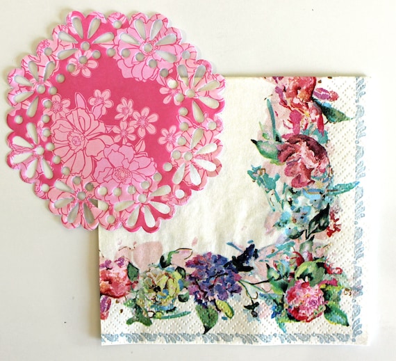 4 Individual Napkins for decoupage Natural Leaves Lilac//Pink junk journa...